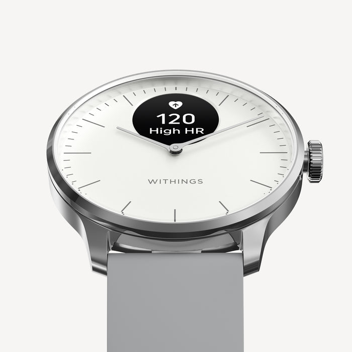 ScanWatch Light — White 37mm — Three-quarter view, white dial showing high heart rate alert 120 BPM, grey band, silver case — three-quarter, OLED display, plain background