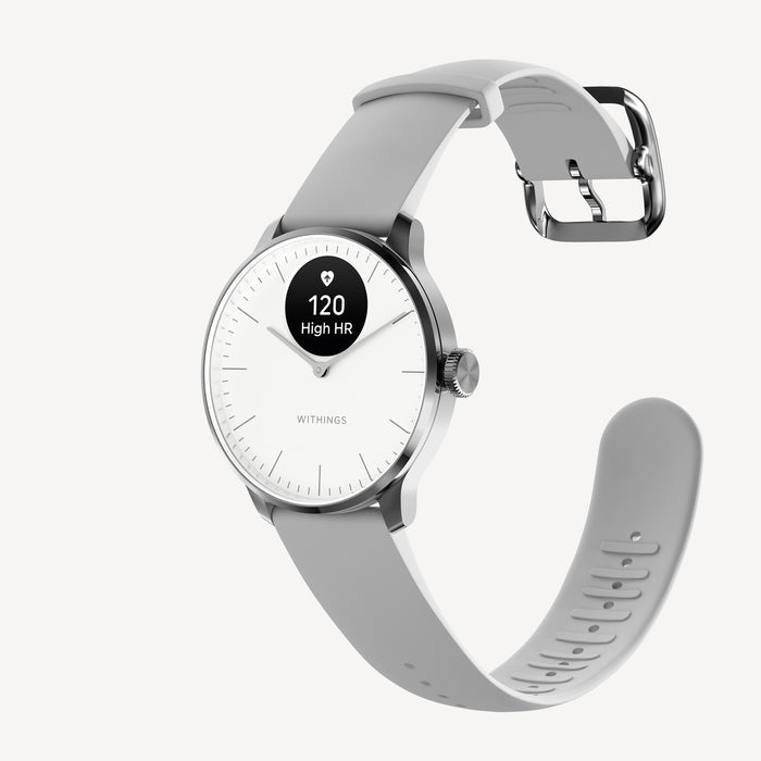 ScanWatch Light — White 37mm — Three-quarter view on white background, analog dial with AMOLED display showing 120 BPM High HR alert, grey silicone band — three-quarter, white background, silver grey