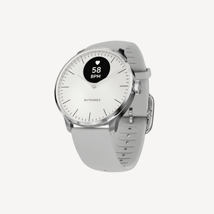 ScanWatch Light — White/Silver 37mm — Three-quarter view on white background, analog dial with OLED screen showing 58 BPM, grey silicone strap — three-quarter, neutral background, silver, grey