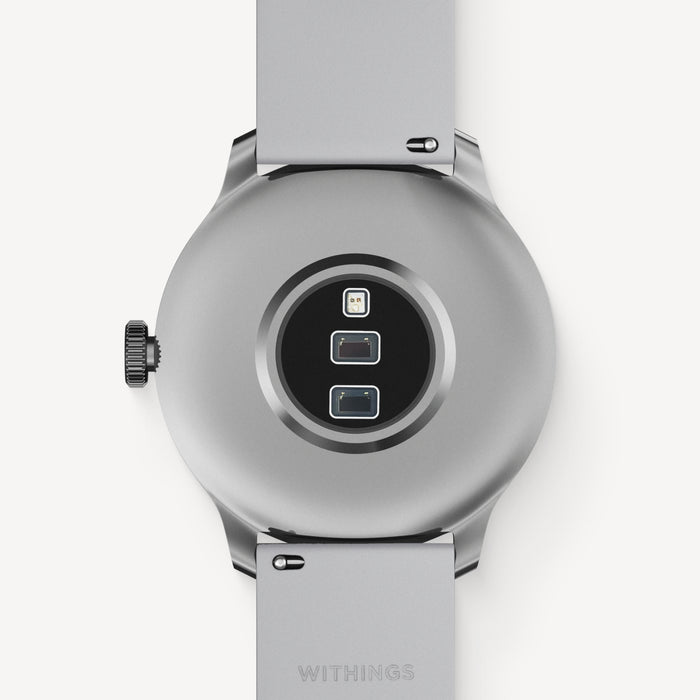 ScanWatch Light — White 37mm — Back view showing optical sensors and crown on plain background — back, sensors, silver, grey strap