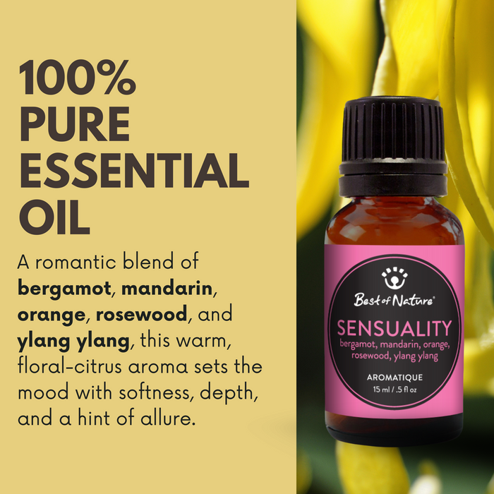 Bottle of Sensuality essential oil a blend of bergamot, mandarin, orange, rosewood and ylang ylang