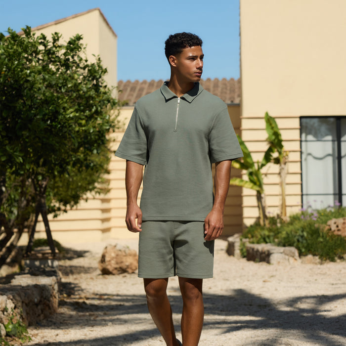 Short Sleeve Textured Polo Twinset | Olive
