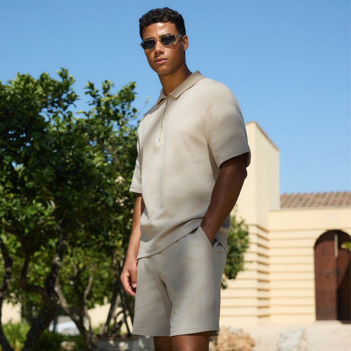 Short Sleeve Textured Polo Twinset | Stone