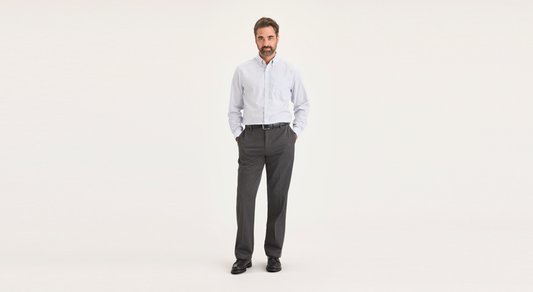 Front view of model wearing Charcoal Heather Signature Iron Free Khakis, Classic Fit with Stain Defender®.