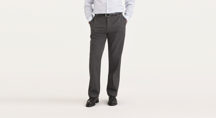 Front view of model wearing Charcoal Heather Signature Iron Free Khakis, Classic Fit with Stain Defender®.