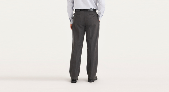 Back view of model wearing Charcoal Heather Signature Iron Free Khakis, Classic Fit with Stain Defender®.