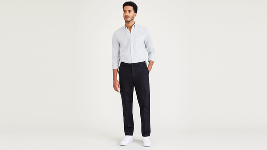 Front view of model wearing Beautiful Black Signature Iron Free Khakis, Straight Fit with Stain Defender®.