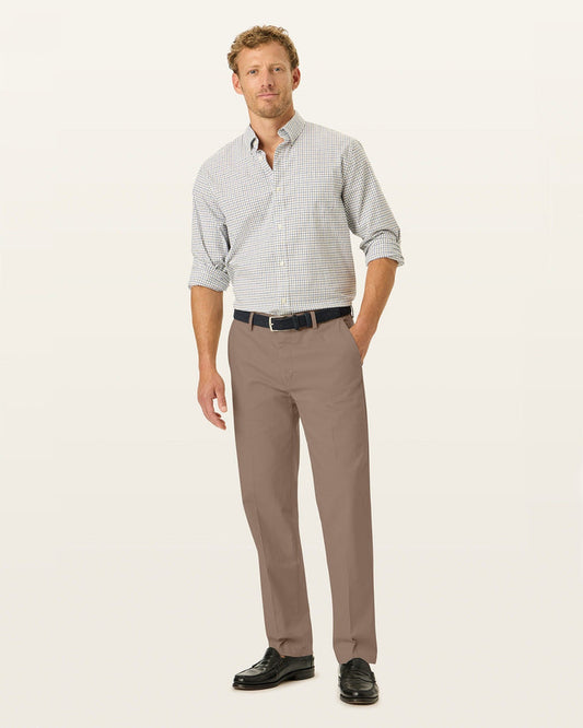 Front view of model wearing Timber Wolf Signature Iron Free Khakis, Straight Fit with Stain Defender®.
