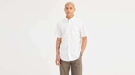 Front view of model wearing Lucent White Signature Stain Defender Shirt, Classic Fit.