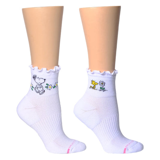 White quarter compression socks with a ruffled edge, featuring Snoopy and Woodstock designs with floral accents.