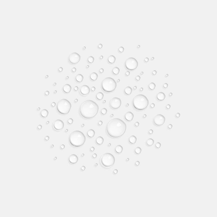 Clear water droplets scattered on a white background symbolizing hydration and protection features of Solar Defense Body SPF30 | HydroPeptide skincare product.