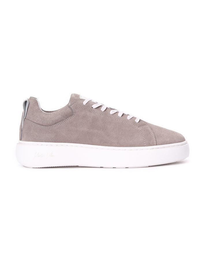 Martin Valen SOSi genuine leather casual sneakers in smoke grey, side close-up showing suede upper and white platform sole