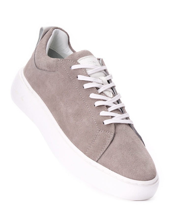 Martin Valen SOSi genuine leather casual sneakers in smoke grey, angled view highlighting white laces and padded tongue