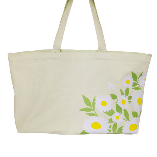 Canvas Spring Tote Bag featuring white and yellow daisies with green leaves and dual shoulder straps