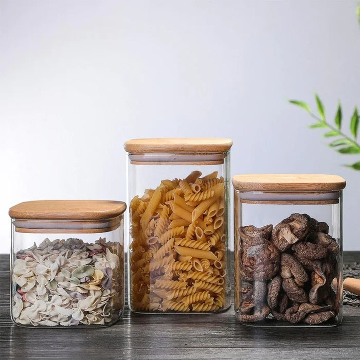 Square Wooden Bamboo Lid Glass Storage Jars - HomeHatchpk