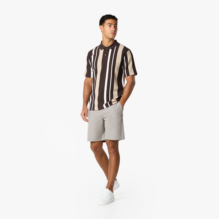 Striped Button Polo Shirt | White/Brown