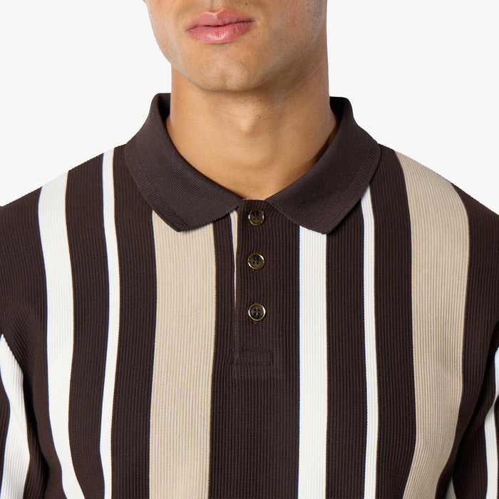 Striped Button Polo Shirt | White/Brown