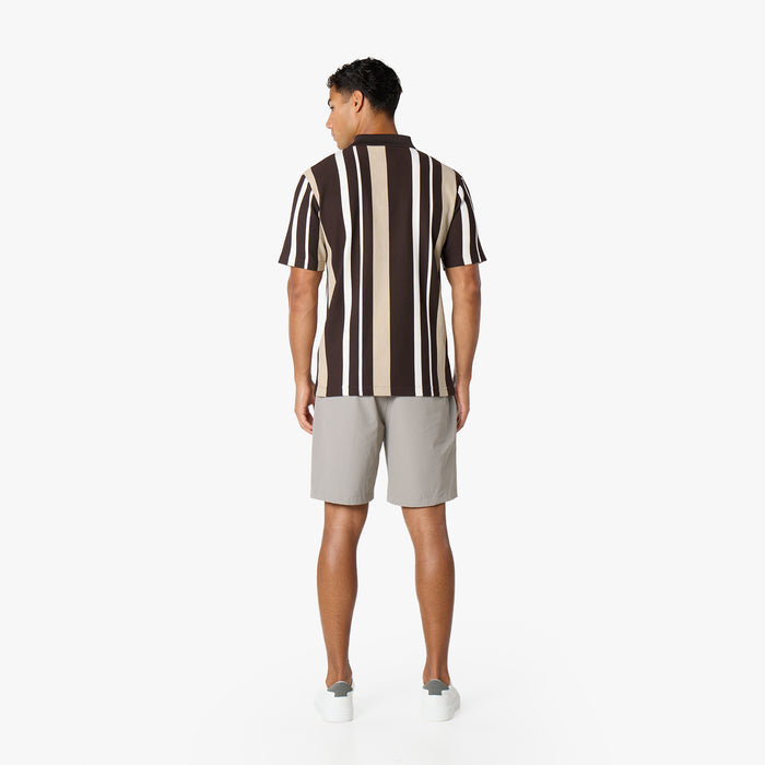 Striped Button Polo Shirt | White/Brown