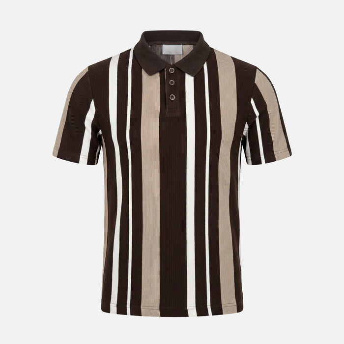 Striped Button Polo Shirt | White/Brown