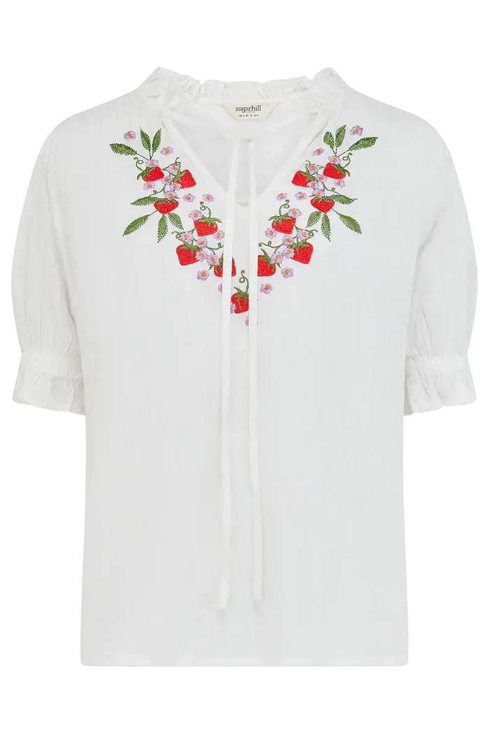 SUGAR HILL BRIGHTON ANGELIQUE SHIRRED TOP  OFF WHITE, WILD STRAWBERRY