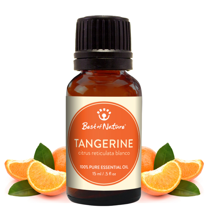 Bottle of tangerine essential oil with slices of tangerine and leaves on a white background