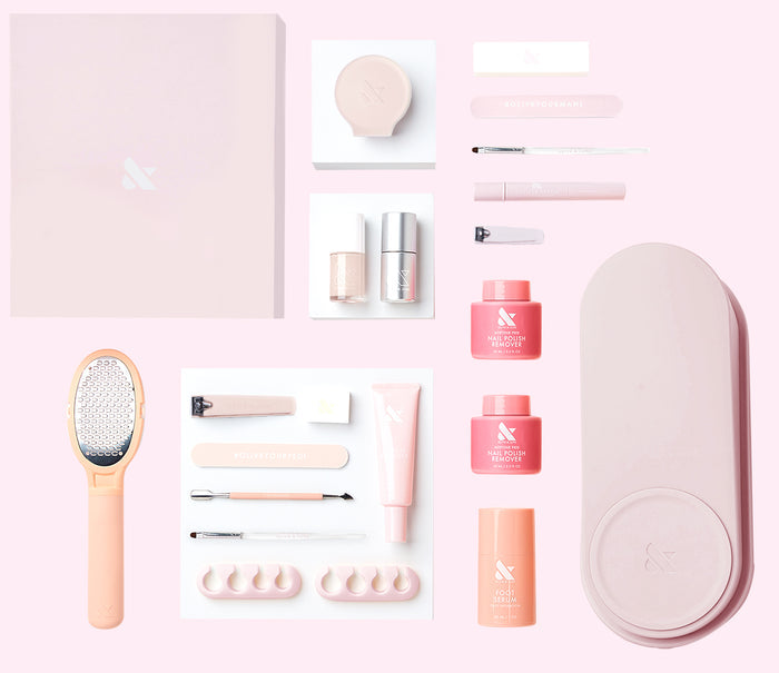 The Complete System - 1 Long Lasting Polish with manicure tools and accessories for at-home nail care in soft pink shades