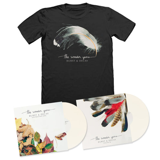 A black The Wonder Years T-shirt with a feather and Burst & Decay design is shown next to two cream-colored White LPs and album covers featuring feathers and autumn leaves.