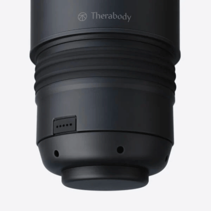 Close-up of the black TheraCup | Therabody wellness device designed for targeted muscle recovery and body care with a sleek, ergonomic shape.