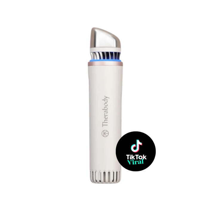 TheraFace Depuffing Wand | Therabody sleek white and silver skincare device designed for targeted facial depuffing and enhancing wellness routines