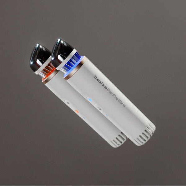 Two sleek skincare devices with glowing lights, labeled TheraFace Depuffing Wand | Therabody, designed for facial wellness and body care treatments.