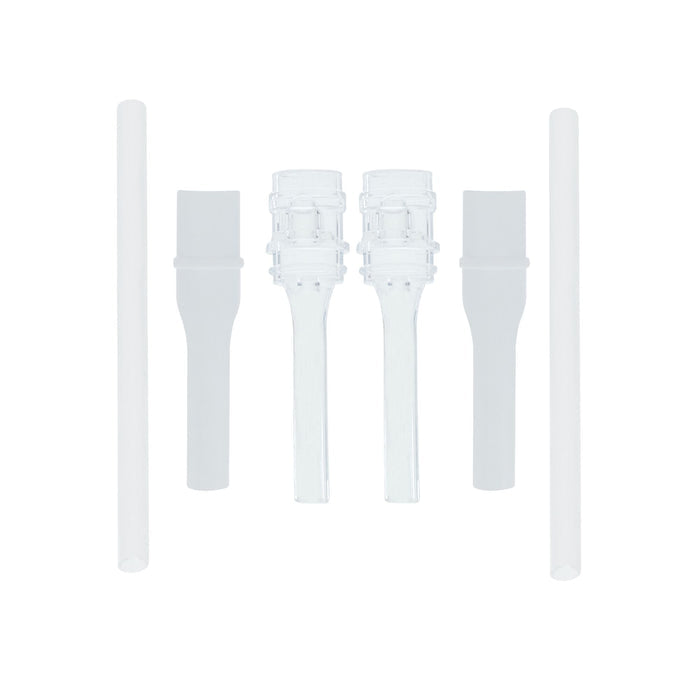 The Nuby US Thirsty Kids Flip-It Straw Replacement kit includes two cylindrical silicone straws, two clear spouts, and two white silicone tips, all arranged symmetrically on a white background.