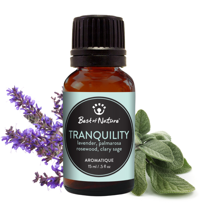 Bottle of Best of Nature Tranquility aromatique with lavender and rosewood leaves on a white background
