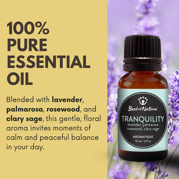 Bottle of Tranquility essential oil with lavender in the background