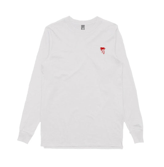 A plain white long-sleeve Trophy Eyes t-shirt featuring a small red embroidered palm tree graphic on the left chest.