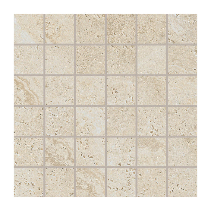 Beige travertine effect mosaic tile on a white background.