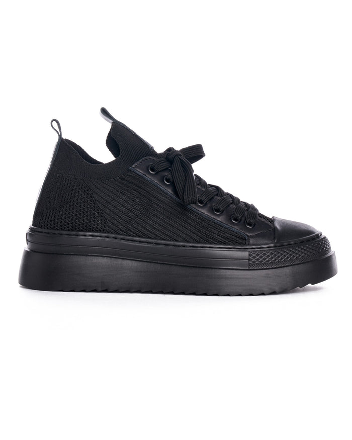 Martin Valen Valento black knitwear sneakers side profile showing black toe cap, thick platform sole and knit upper