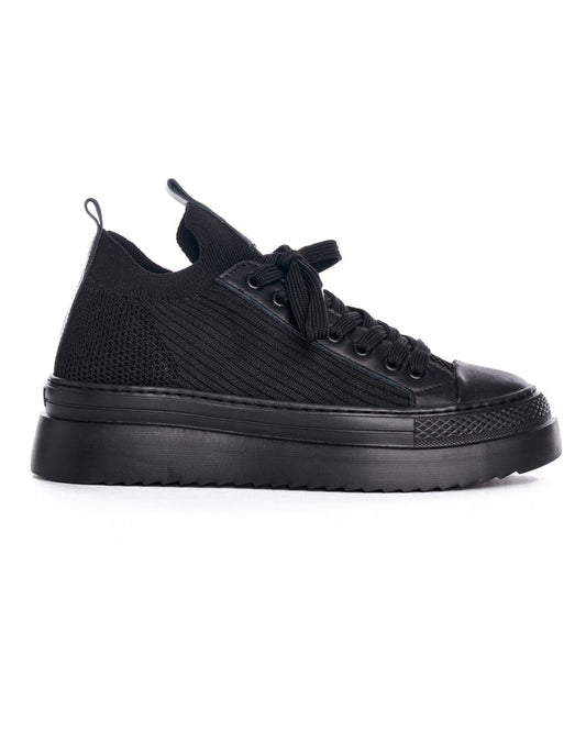 Martin Valen Valento black knitwear sneakers side profile showing black toe cap, thick platform sole and knit upper