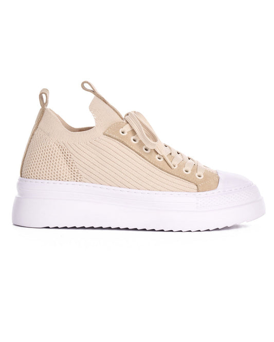 Martin Valen Valento knitwear beige sneaker side view showing beige knit panels and thick white sole
