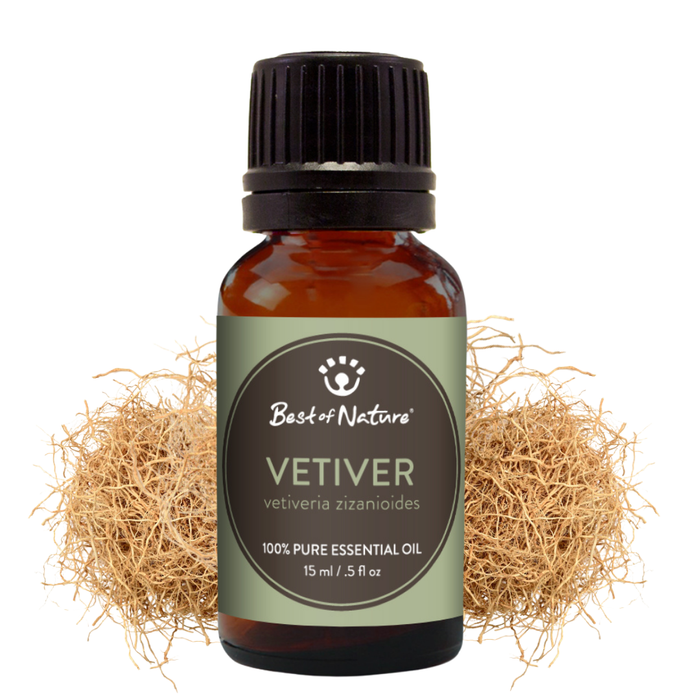 Bottle of Best of Nature Vetiver essential oil with a natural background