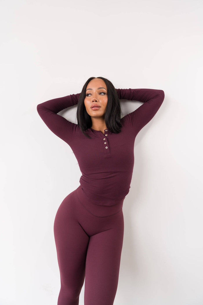Vitality Easy Rib Henley Top - Wine