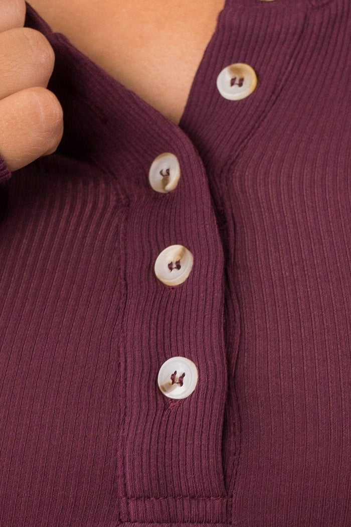 Vitality Easy Rib Henley Top - Wine