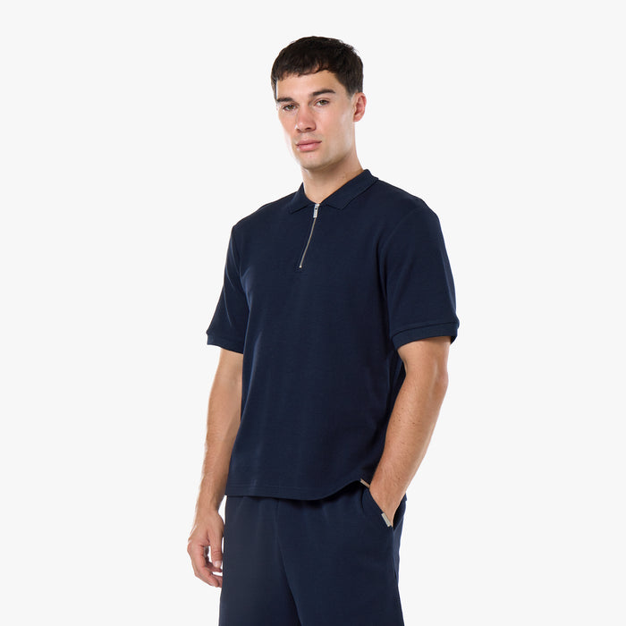 Waffle Knit Zip Polo | Dark Navy