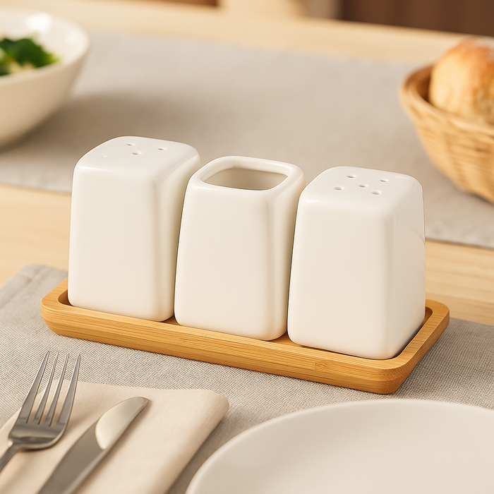 White Ceramic Salt & Pepper Shaker Set with Bamboo Tray