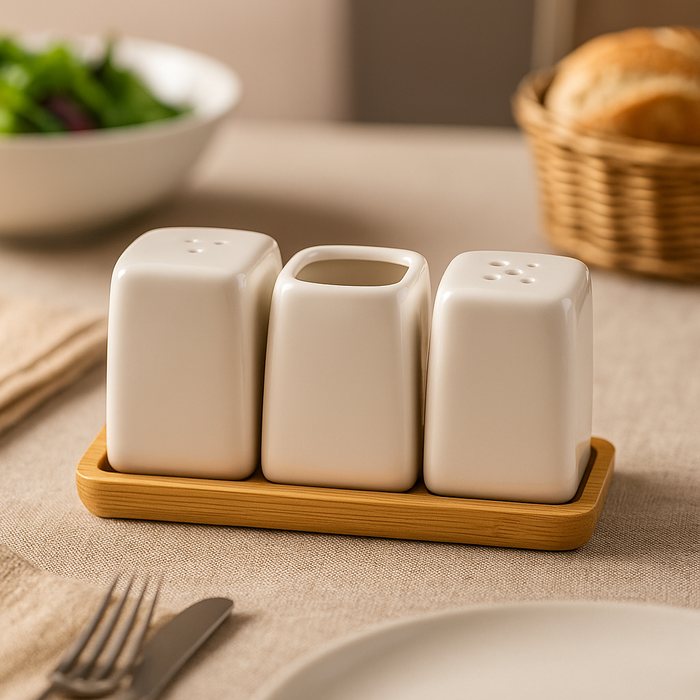 White Ceramic Salt & Pepper Shaker Set with Bamboo Tray