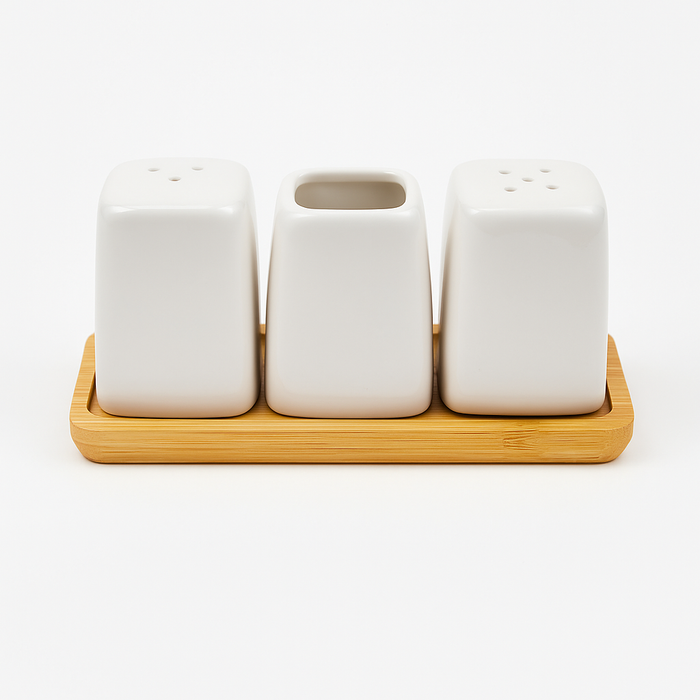 White Ceramic Salt & Pepper Shaker Set with Bamboo Tray