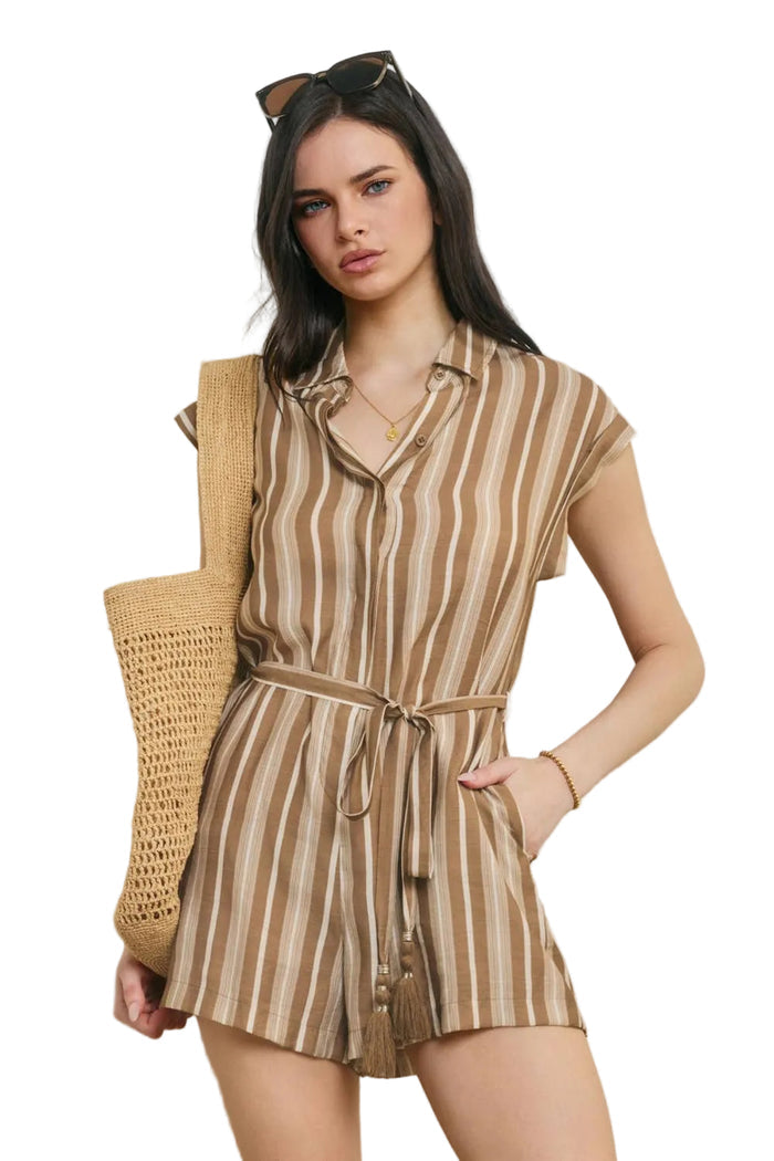 White Sand Line Button Down Romper