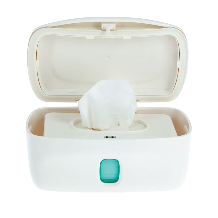 The Nuby Wipe Dispenser is a white plastic container with an open lid showing a wipe ready to use. It features a green button on the front and includes a weighted plate for easy diaper changes.