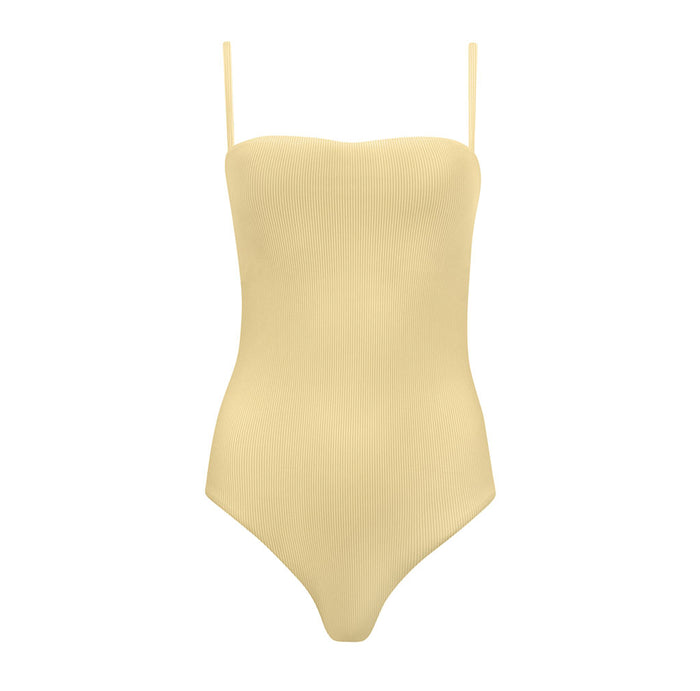 Yellow ribbed swimsuit on a white background