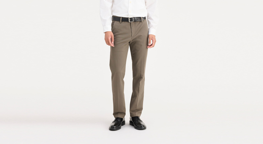 Front view of model wearing Dark Pebble Workday Khakis, Slim Fit.