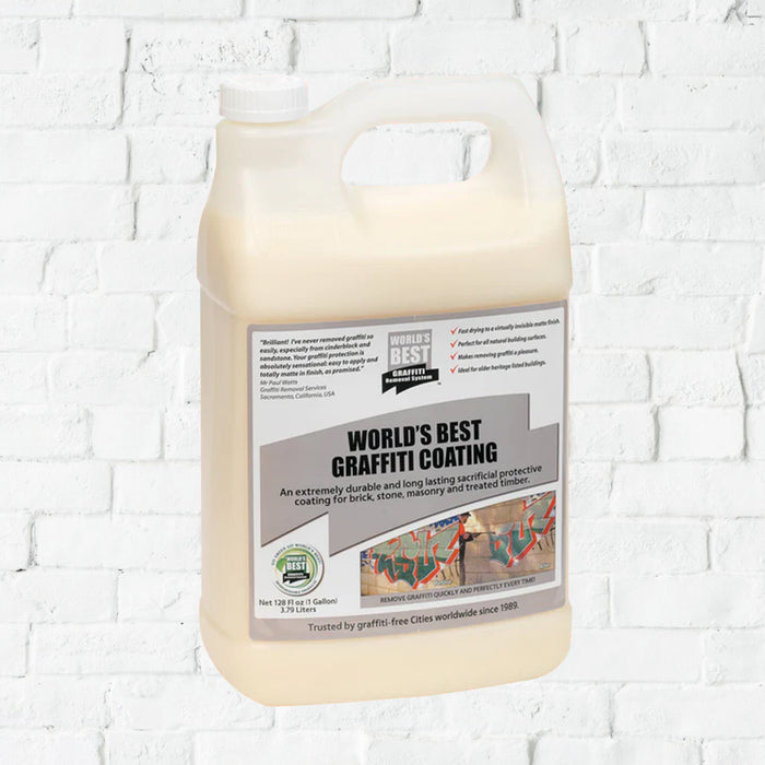 A white gallon-sized container of 'World's Best Graffiti Coating' with a label showing the product name and an illustration of graffiti-coated surfaces.